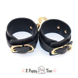 Black Leather Cuffs with Gold Chain