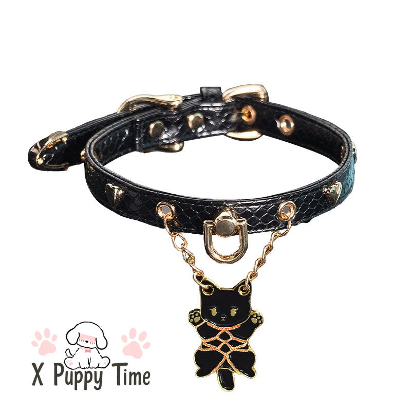 Black Cat Charm Leather Choker