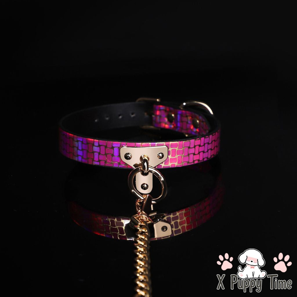 Iridescent Pink Chain Collar with Leash