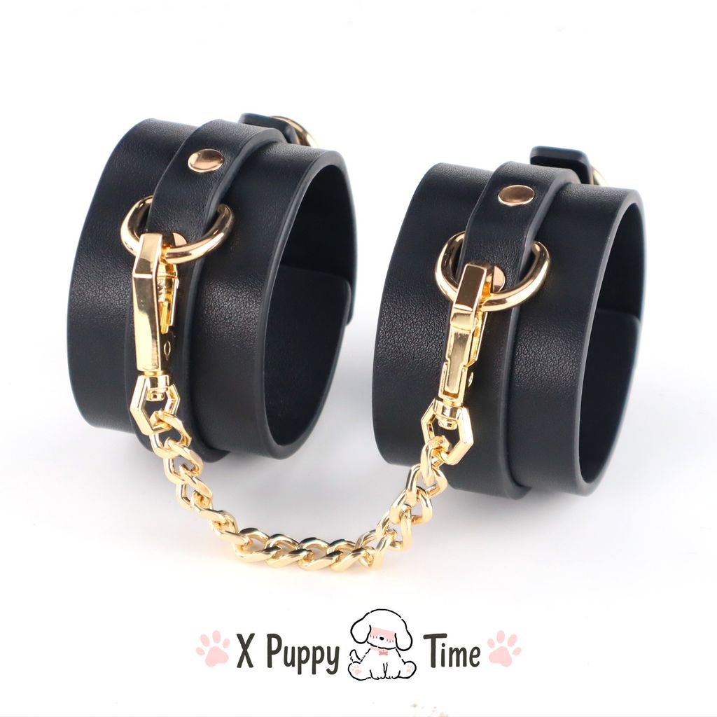 Black Leather Cuffs with Gold Chain