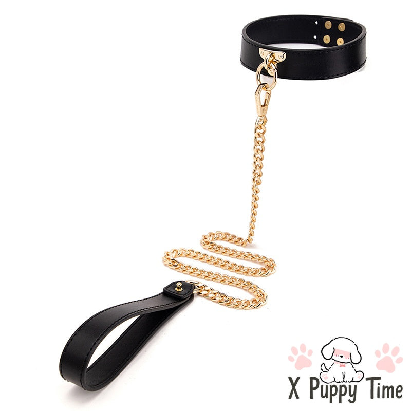 Gold Chain Leather Collar Leash