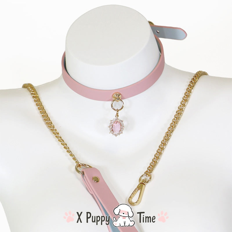 Crystal Gem Leather Choker with Leash