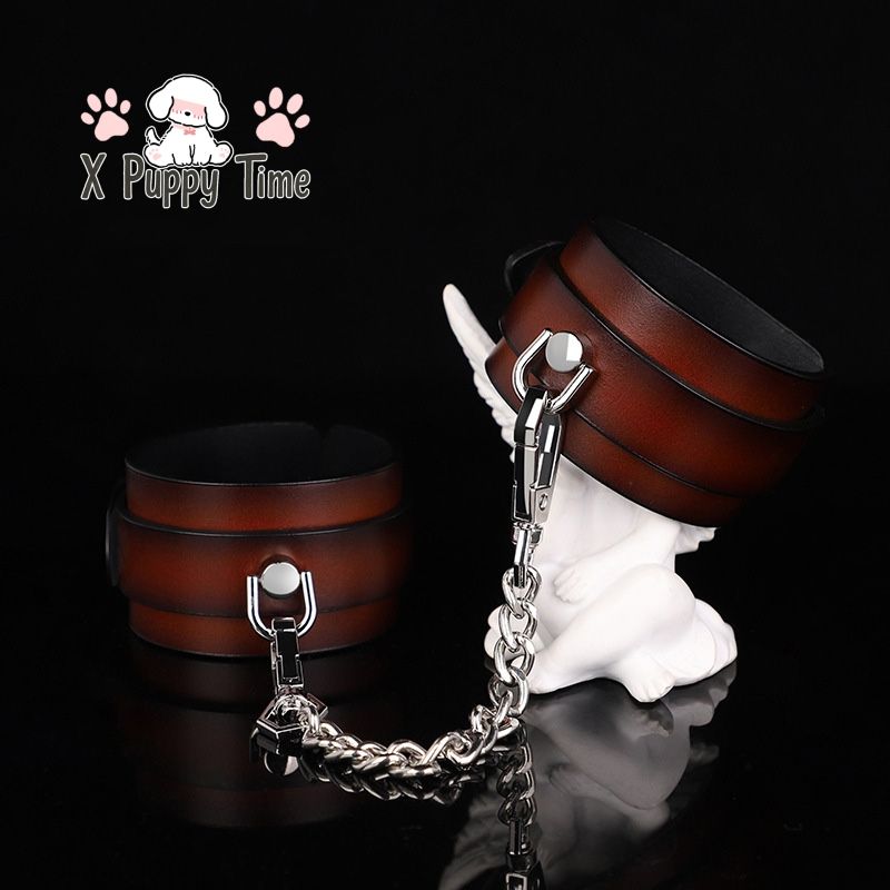 Vintage Brown Leather Cuffs with Chain