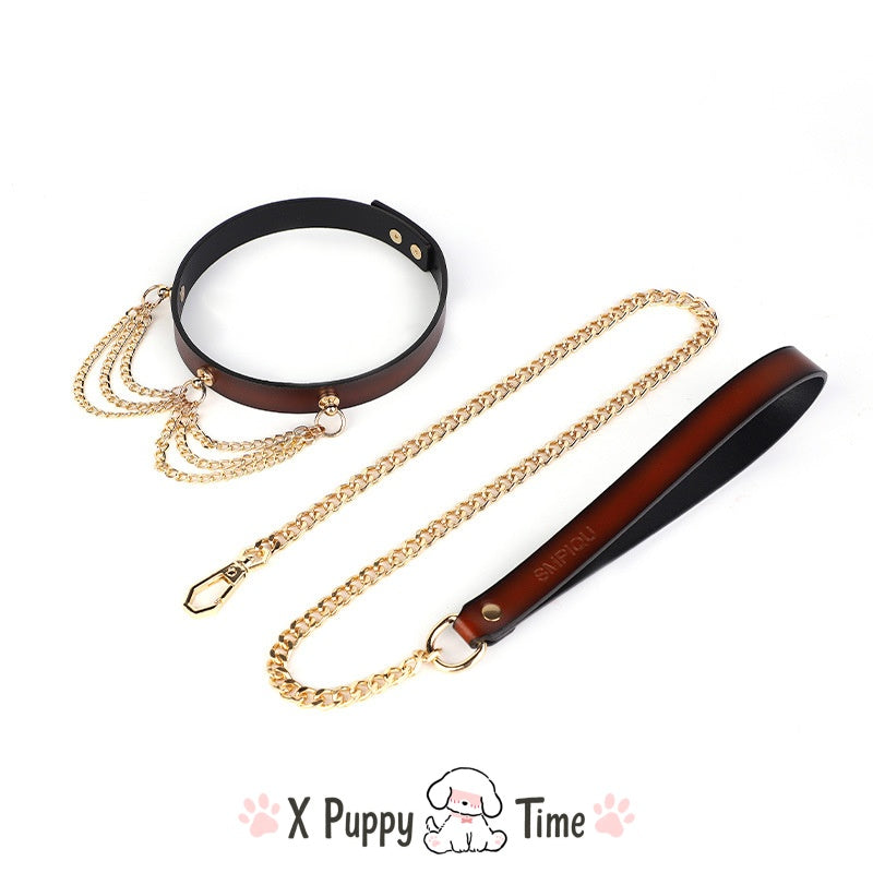 Layered Gold Chain Leather Choker