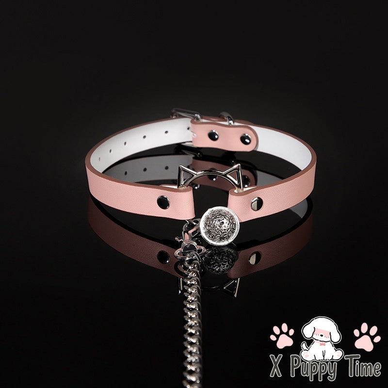Pink Cat Ears Bell Leather Chain Collar