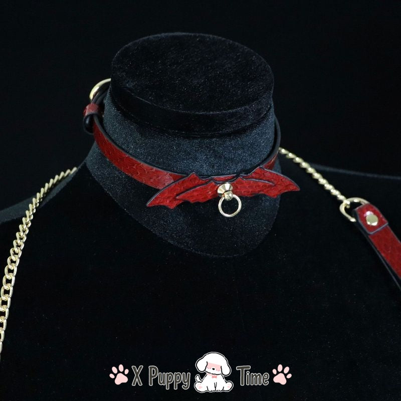 Snakeskin Bat Wing Leather Choker with Leash