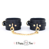 Black Leather Cuffs with Gold Chain
