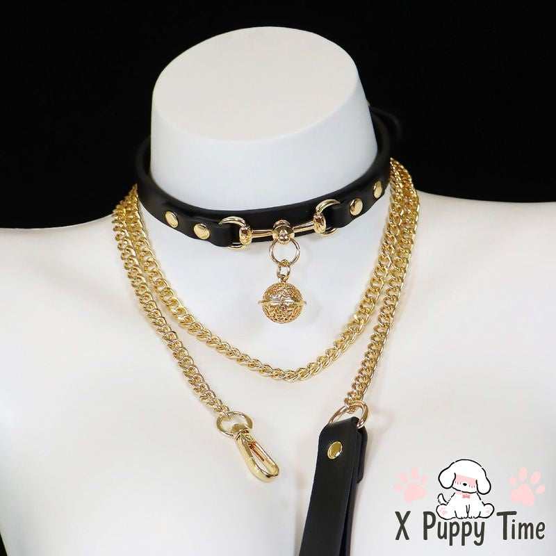 Golden Bell Leather Choker Collar