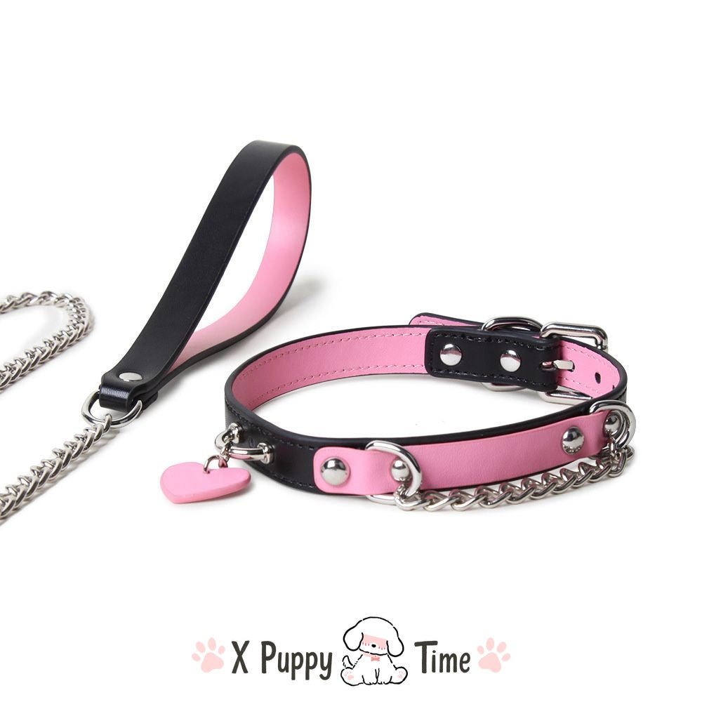 Pink Heart Chain Leather Choker